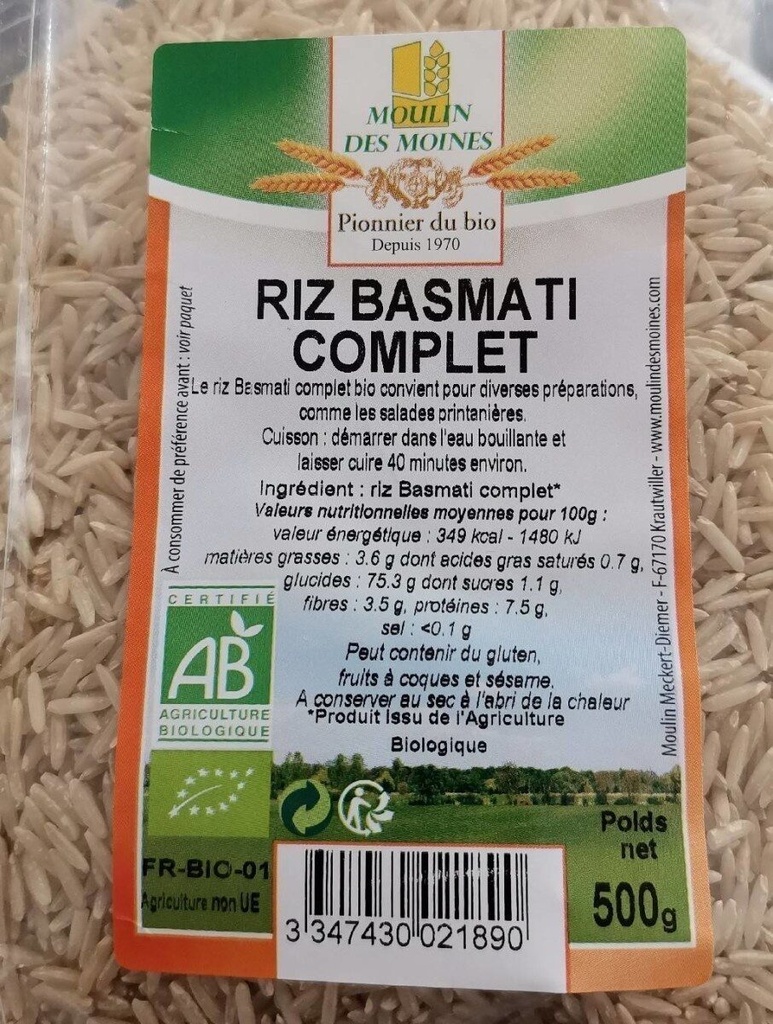 ORGANIC WHOLEMEAL BASMATI RICE - 500GR RIZ BASMATI COMPLET - 500GR