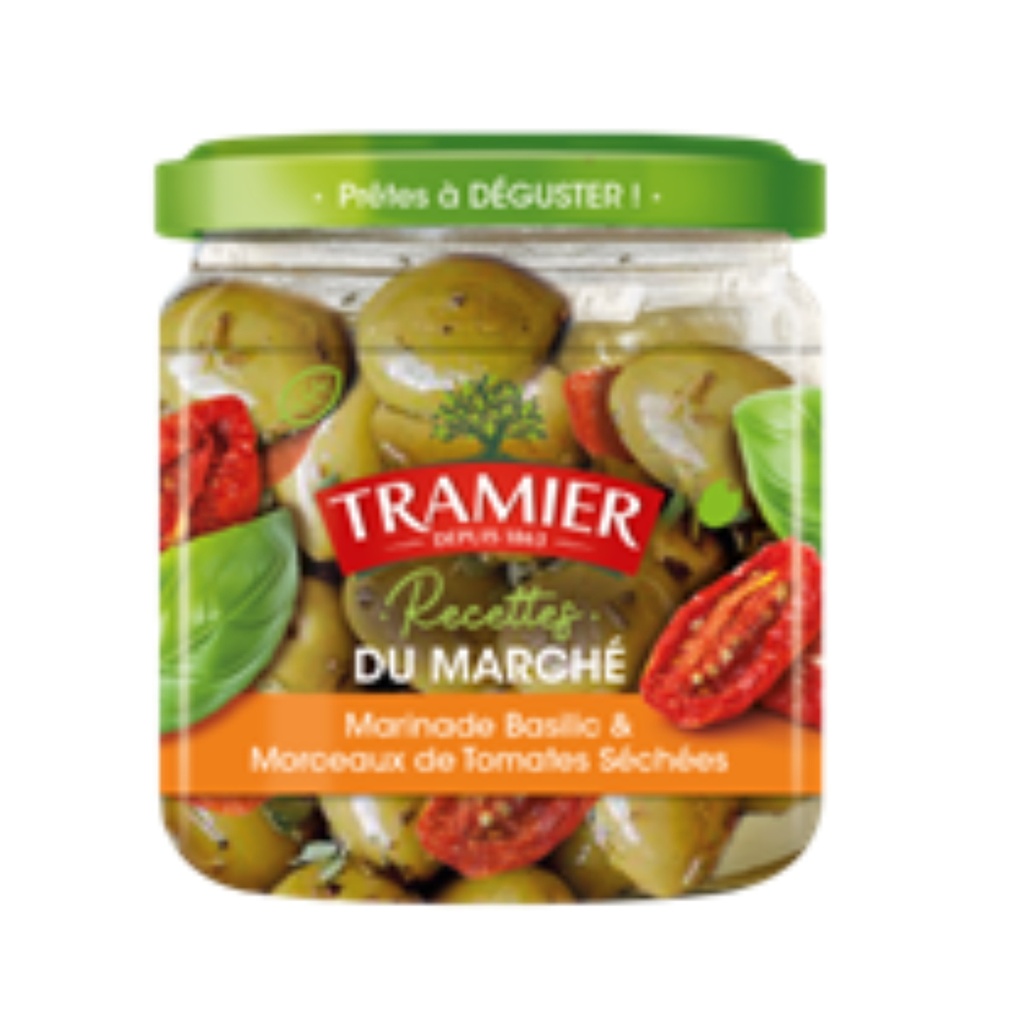 OLIVES MARINADE BASILIC ET TOMATES SÉCHÉES TRAMIER- 150G