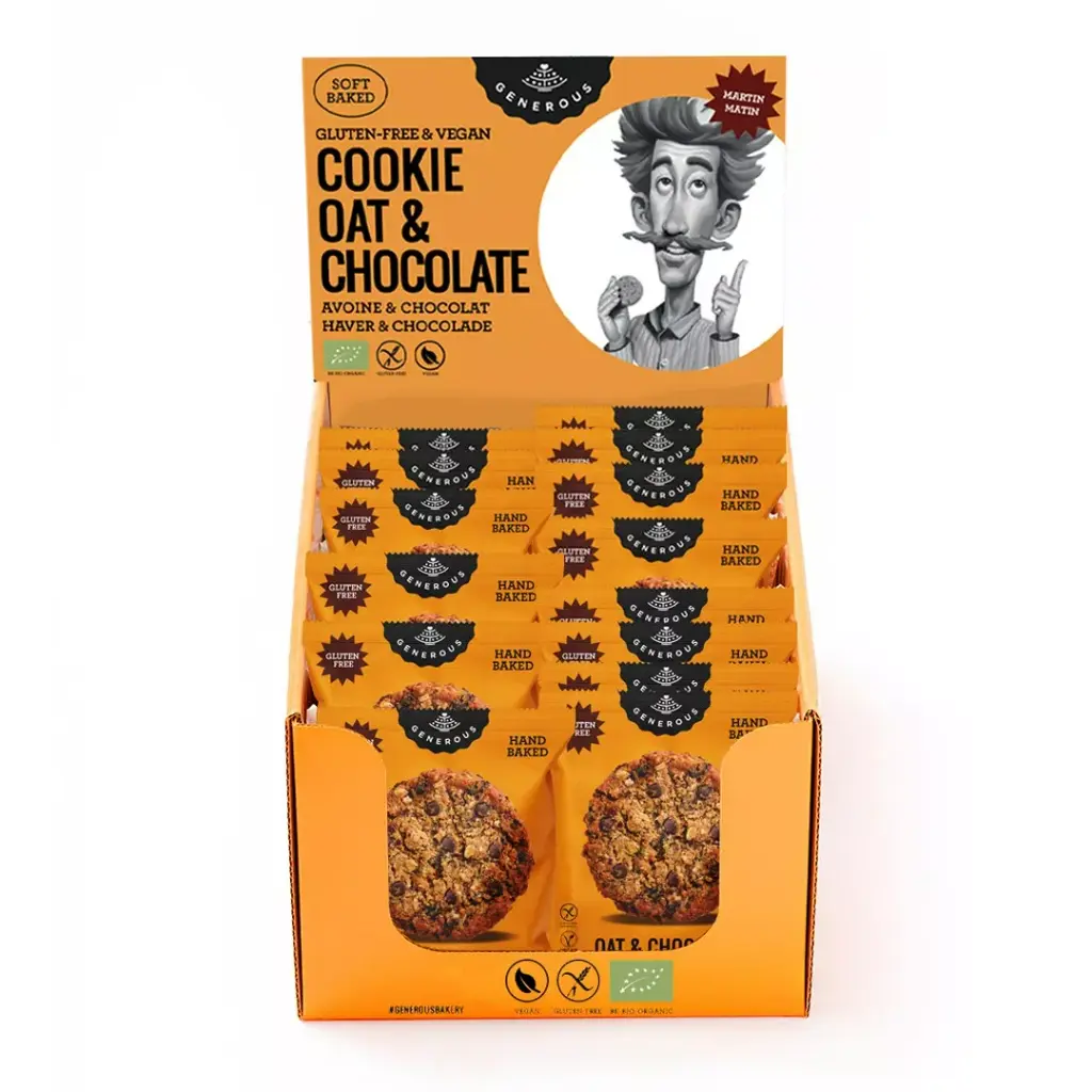 GLUTEN FREE COOKIES "GENEROUS" OAT CHOCOLATE 20X30G - BISCUITS SANS GLUTEN "GENEROUS" AVOINE CHOCOLAT 20X30G