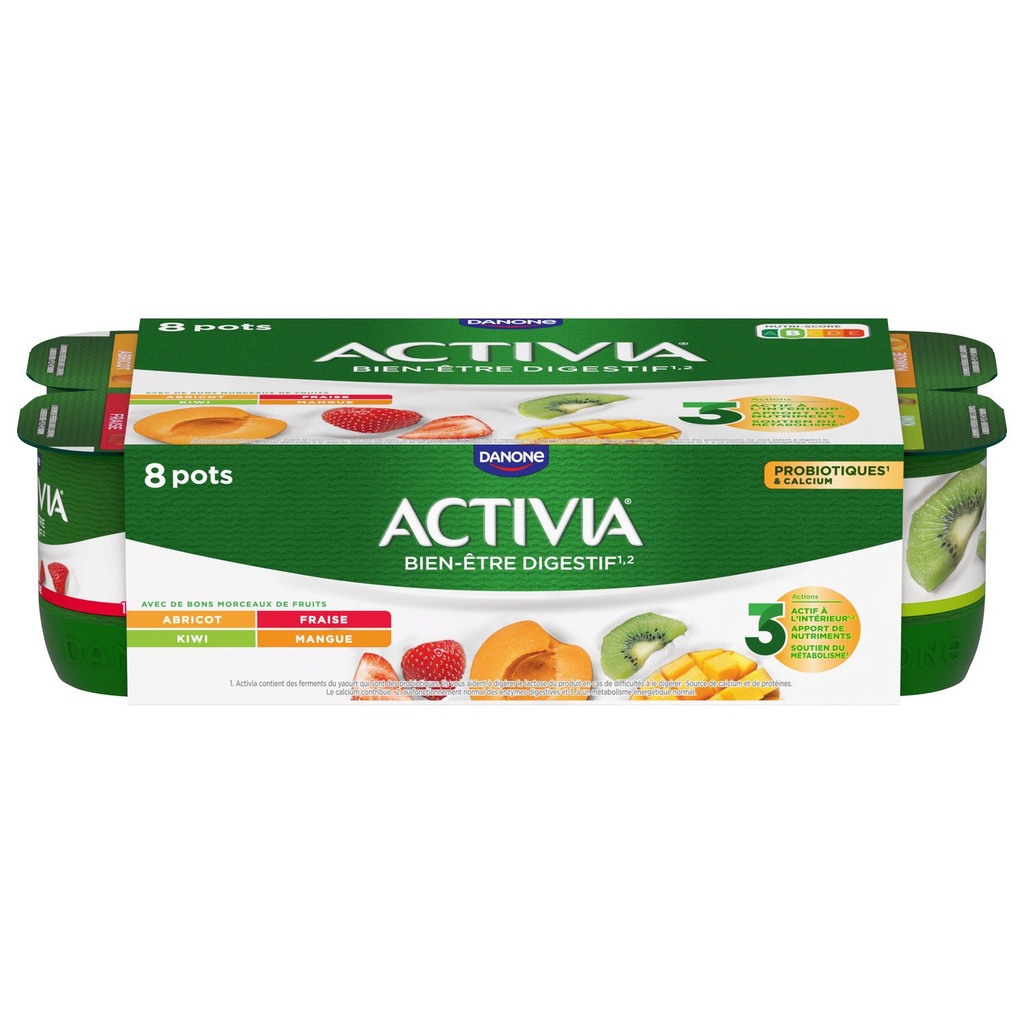 Yaourts aux fruits bifidus fraise abricot kiwi mangue ACTIVIA 8 pots de 125g 