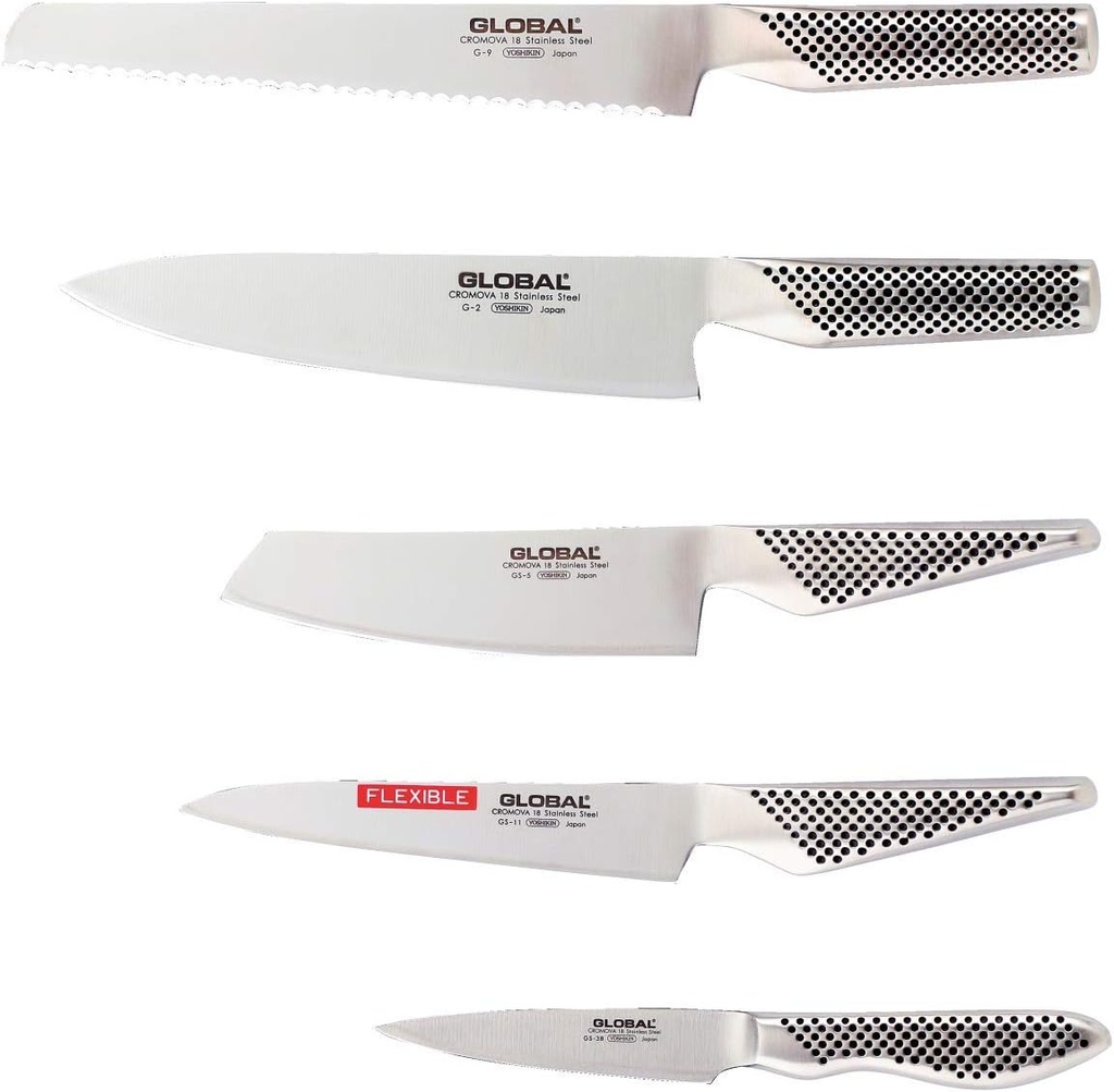 SET OF GLOBAL CHEF KNIVES ENSEMBLE DE COUTEAUX DE CHEF GLOBAL G-2, G-9R, GS-5, GS-11, GS-38 